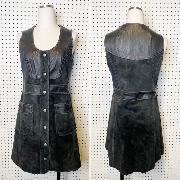 Vintage Dresses & Skirts - Vintage | Julian Vard 70's Western Style Black Leather Dress w/ Snap Button